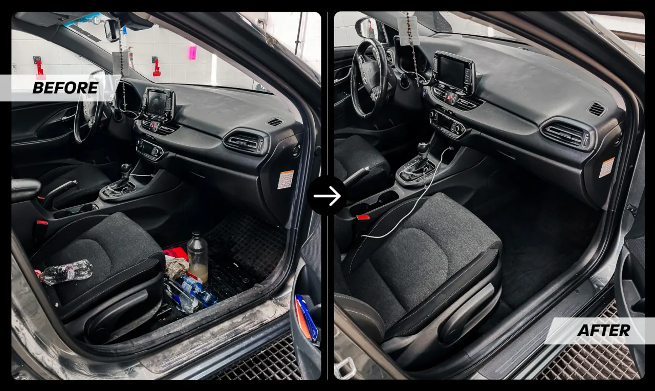 Előtte-utána: egy Hyundai i30 vezetőoldali utastere szeméttel teli lábtérrel, majd kitakarítva