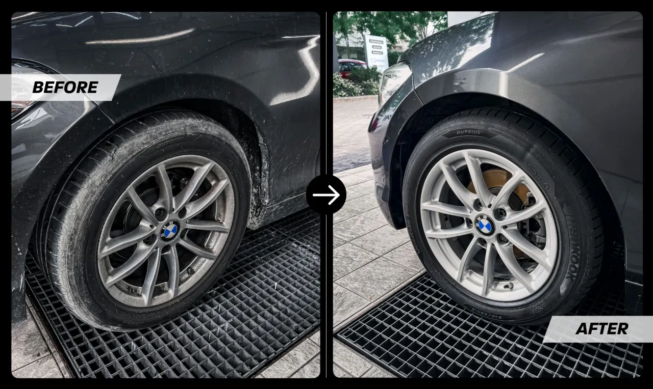 Előtte-utána: fékportól koszos BMW felni és kerékjárat, majd megtisztítva