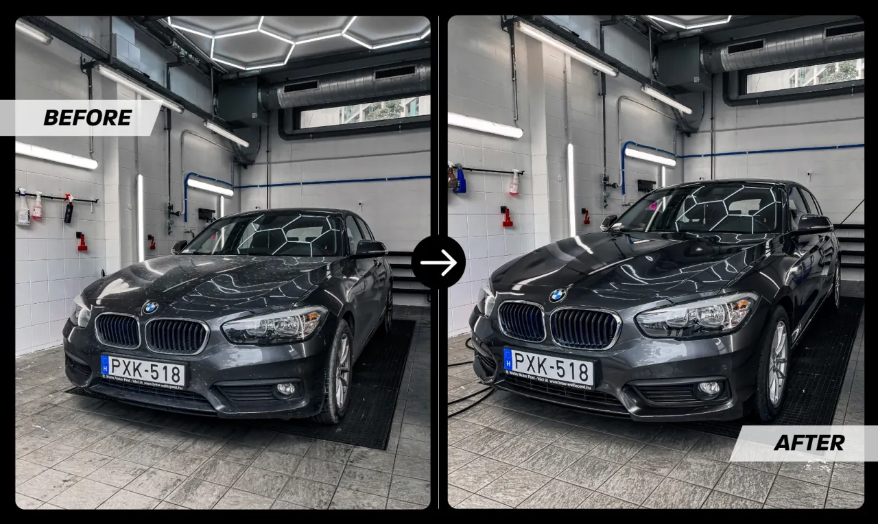 Előtte-utána: egy szürke BMW 1-es a műhelyben mosás előtt, majd tisztán és fényesen